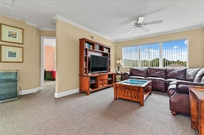 Smart TV, foosball, books, stereo