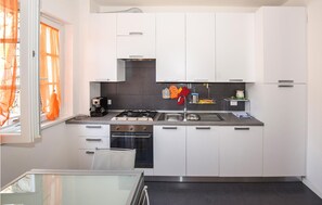 Fridge, microwave, stovetop, cookware/dishes/utensils