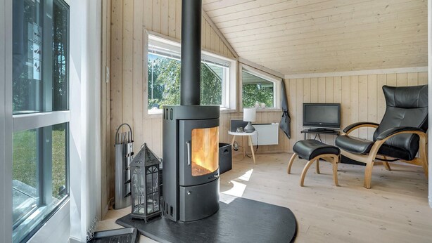 A cozy room with a wood-burning stove, large windows, a TV, and comfortable seating. - Amazing home in Rødby with sauna (Rødby)