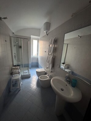 Een douche, een haardroger, een bidet, handdoeken