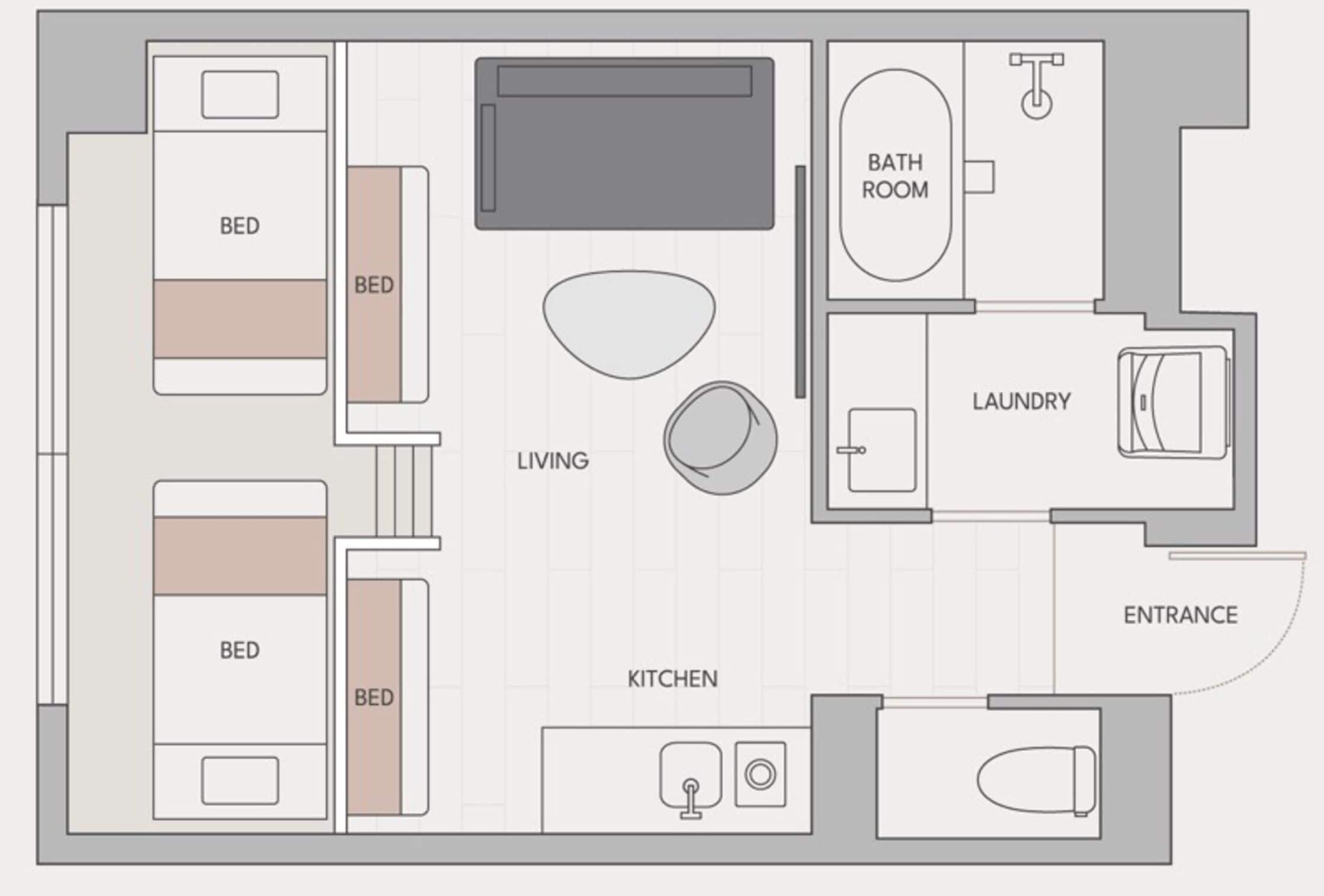 A floor plan with three bedrooms, a living area, a kitchen, a bathroom, and an entrance.