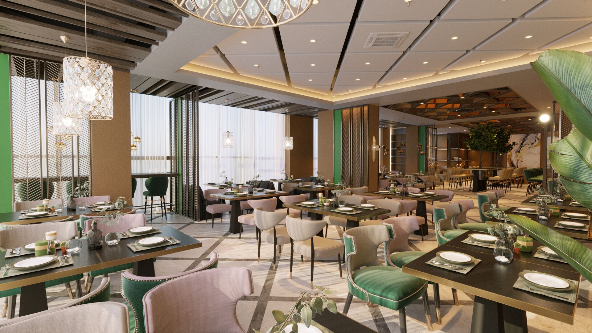 A spacious restaurant with multiple dining areas, including a bar and a private dining room.