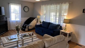 Smart TV, fireplace, video games, books