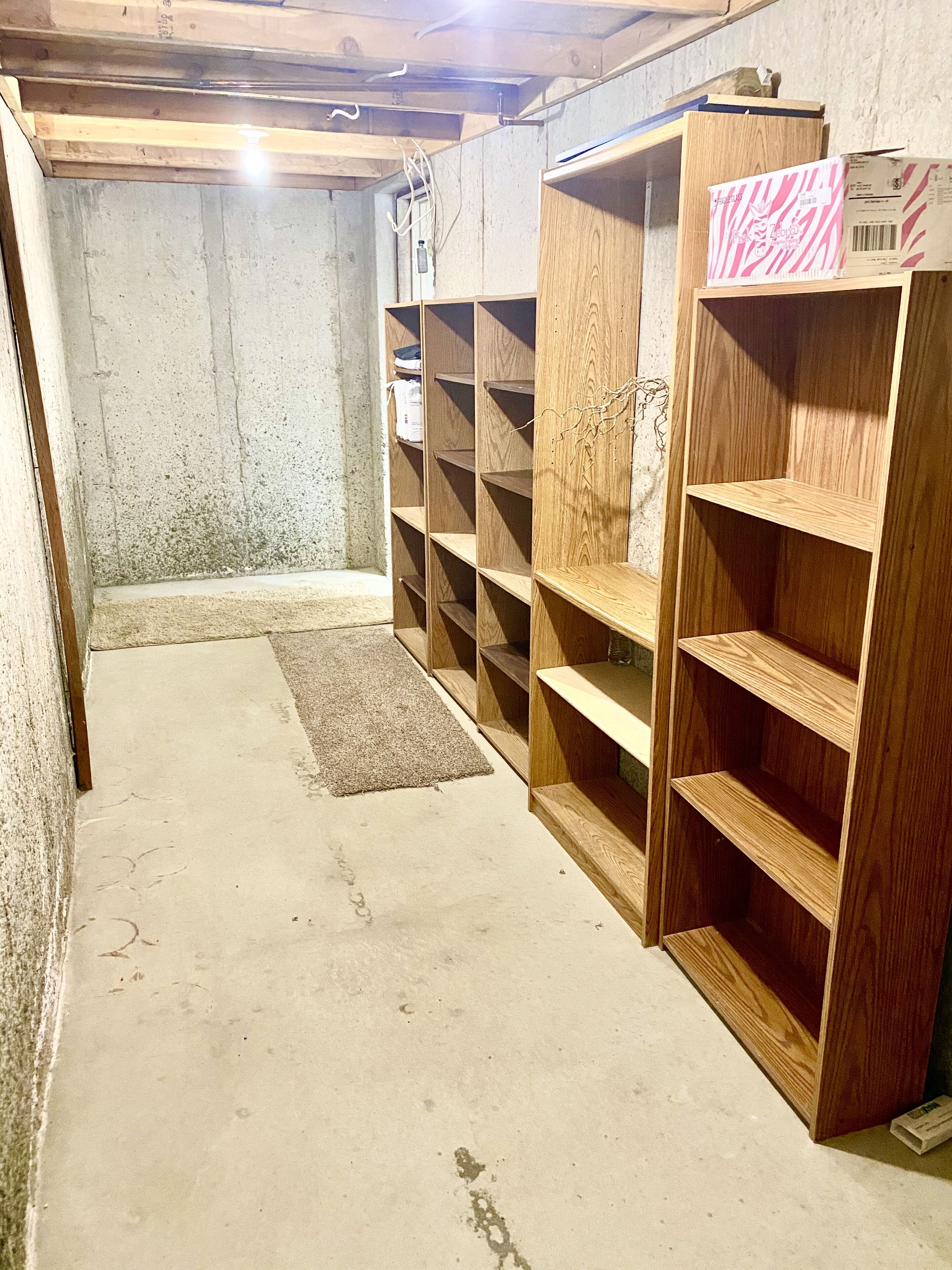 Un sous-sol avec des étagères en bois, un plancher en béton et un tapis.