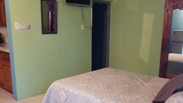 A bedroom with a bed, a ceiling fan, an air conditioner, a television, a mirror, and a wooden cabinet.