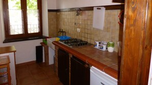 Una cocina compacta con estufa a gas, un lavamanos y lavavajillas.