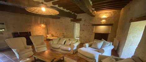 Smart TV, fireplace, DVD player, books