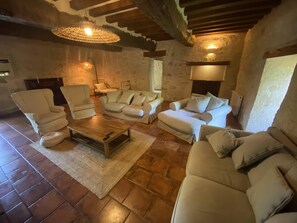 Smart TV, fireplace, DVD player, books