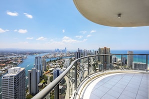 Enjoy breathtaking views of the city from the expansive balcony with unobstructed views of the surrounding area.