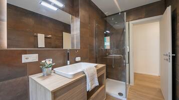 Shower, hair dryer, bidet, towels
