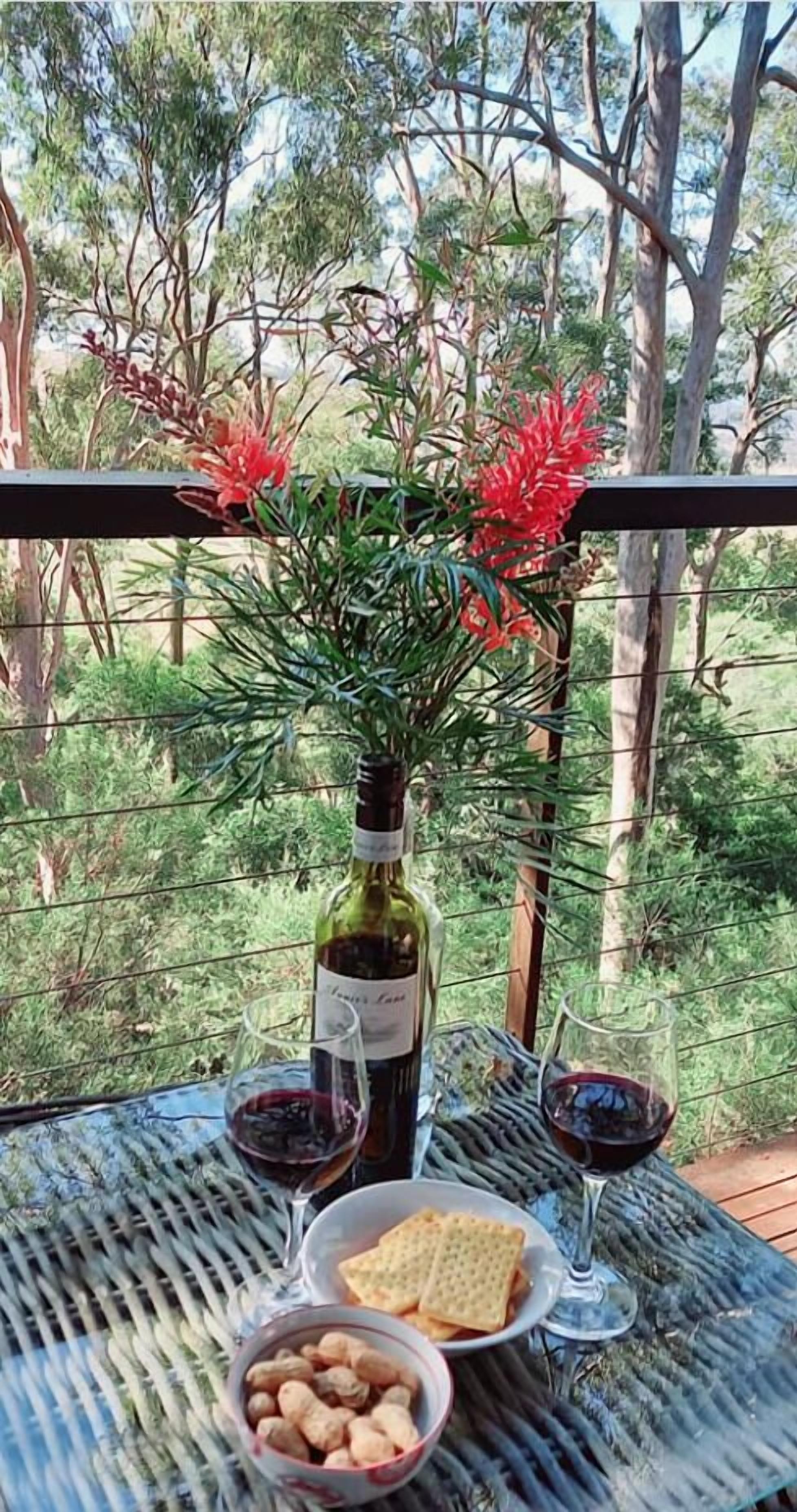 Une table avec une bouteille de vin, deux verres de vin rouge, une assiette de crackers et un bol de noix, le tout disposé sur un fond de feuillage et de verdure.