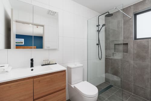 Dusche, Regendusche, umweltfreundliche Kosmetikartikel, Haartrockner