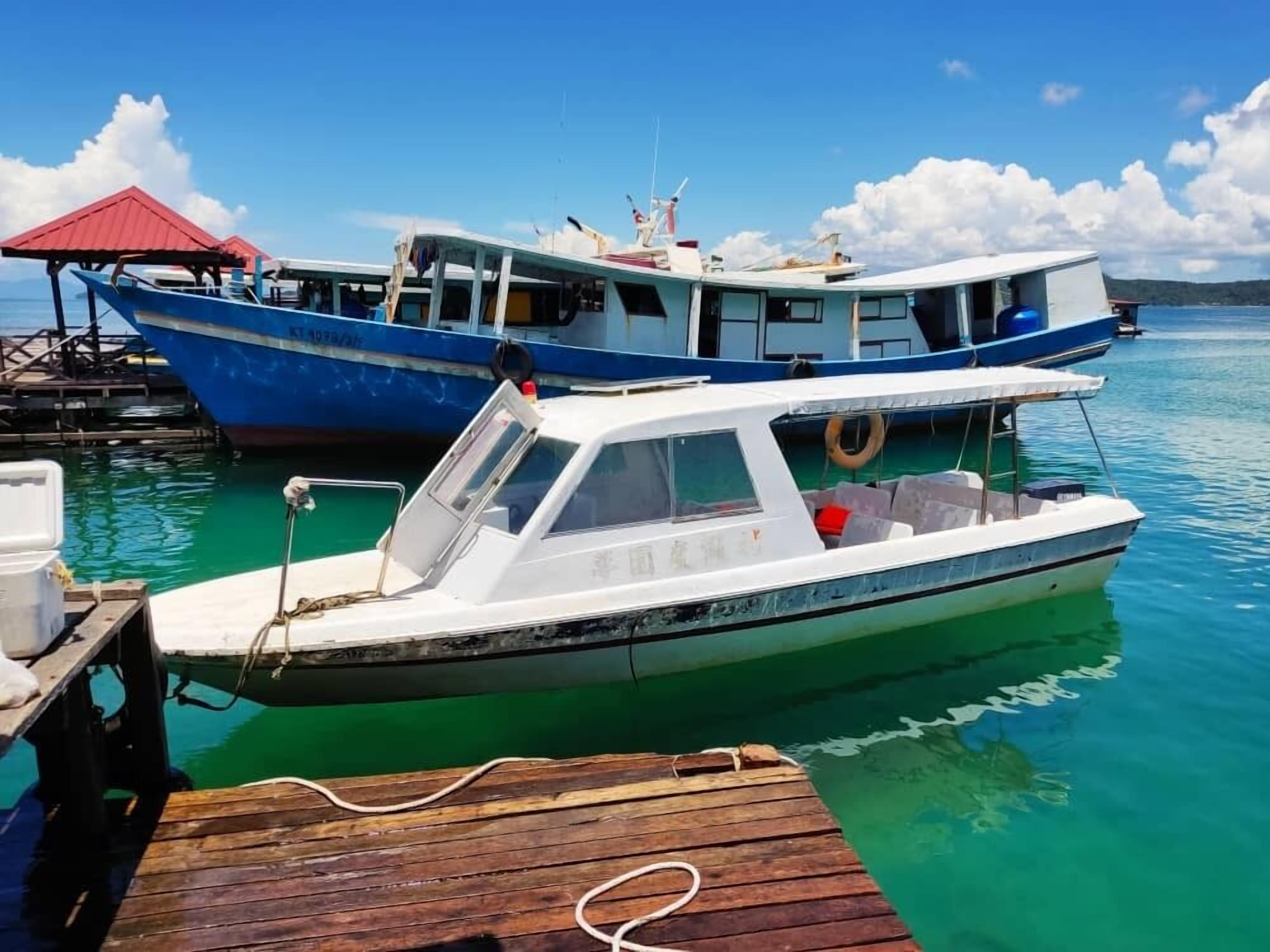A dock with two boats, one blue and one white, and a wooden pier.