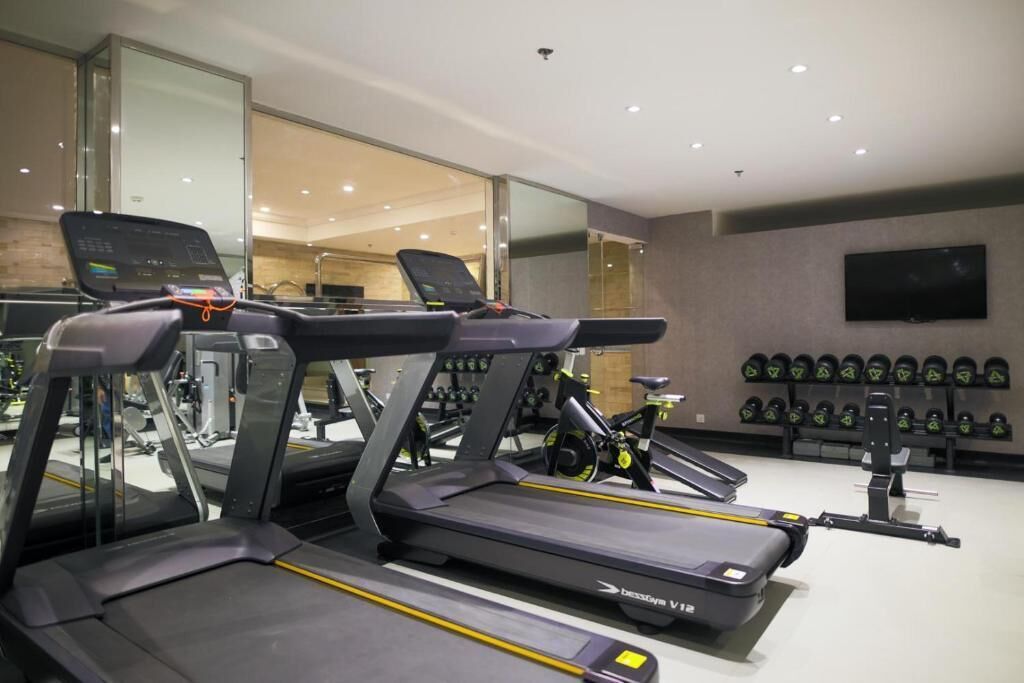 A gym with treadmills, a stationary bike, and weightlifting equipment.