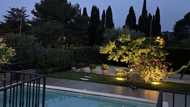 Una piscina con jardín y altos árboles alrededor.