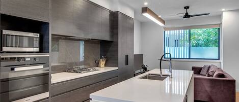 Fridge, microwave, oven, stovetop