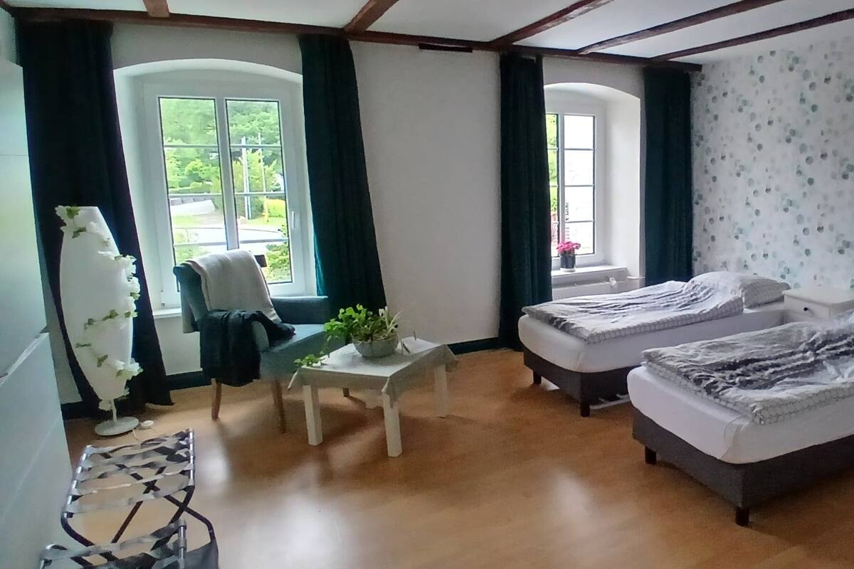 A room with two beds, a small table with a plant, a chair, and a window with curtains.