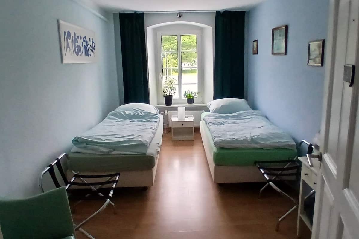 A narrow room with two single beds, a small table with a plant, and a window with curtains.