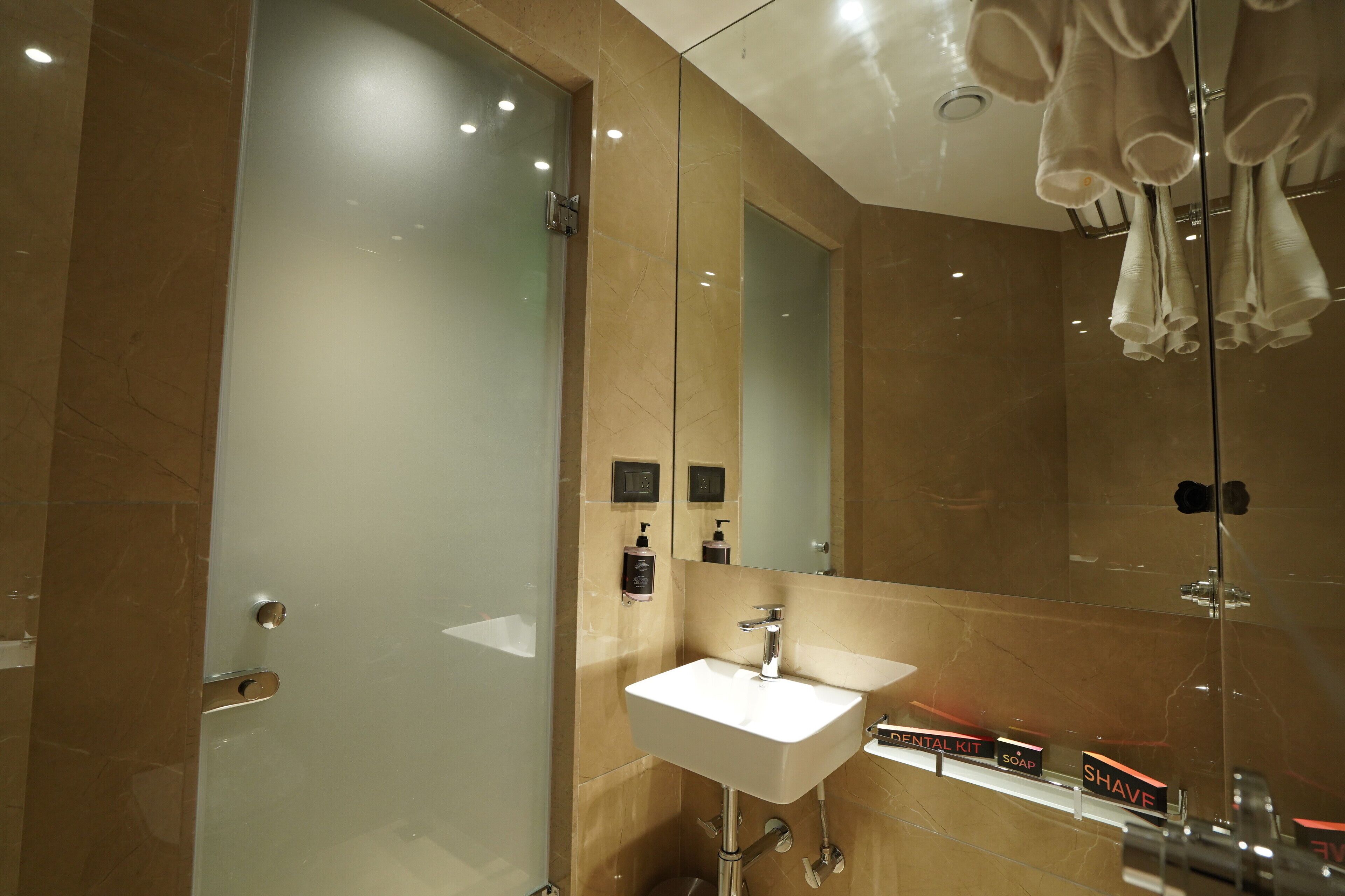 A modern bathroom with a glass shower enclosure, a white sink, and a mirror.