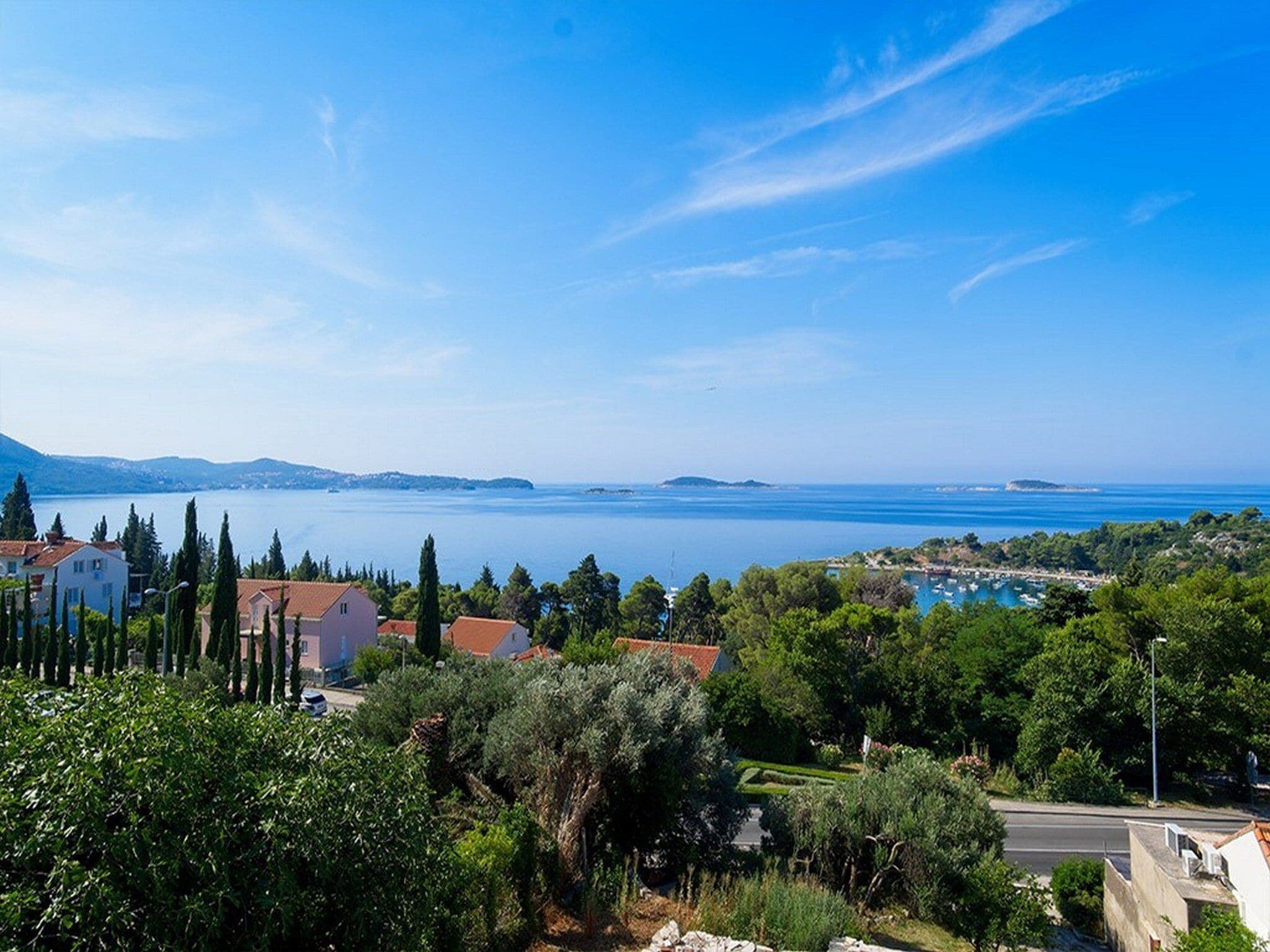 Un paysage côtier offrant une vue dégagée sur la mer, avec une route et un mélange de bâtiments résidentiels et de verdure.