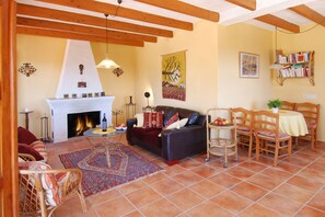 TV connectée, cheminée, livres