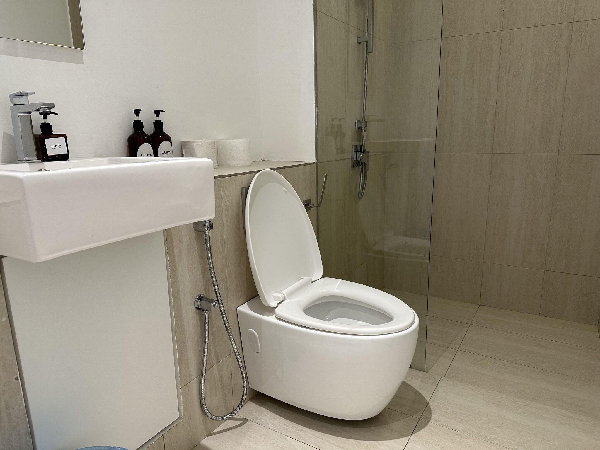 A modern bathroom with a white toilet, a glass shower enclosure, and a sink with toiletries.