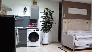 A compact living space with a kitchenette, a washing machine, a sofa, and a dining table. - Apartment (NERAC)