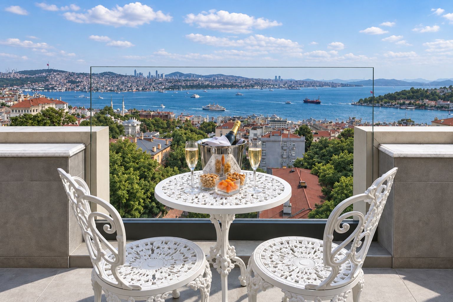 Un balcone con un tavolo apparecchiato per due persone, con vista su una città e uno specchio d'acqua con barche.