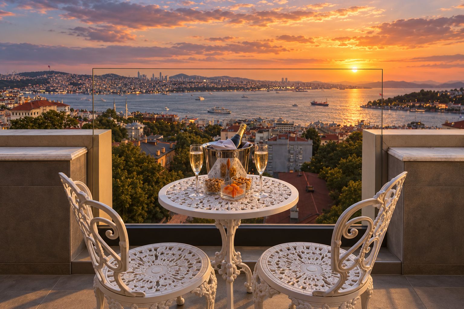 A balcony with a table set for two, overlooking a cityscape at sunset.