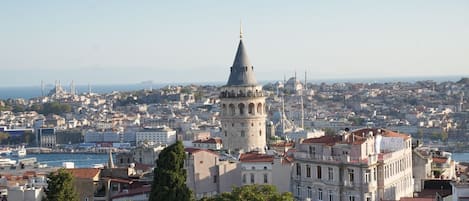 A cityscape with a prominent tower and a body of water in the foreground.