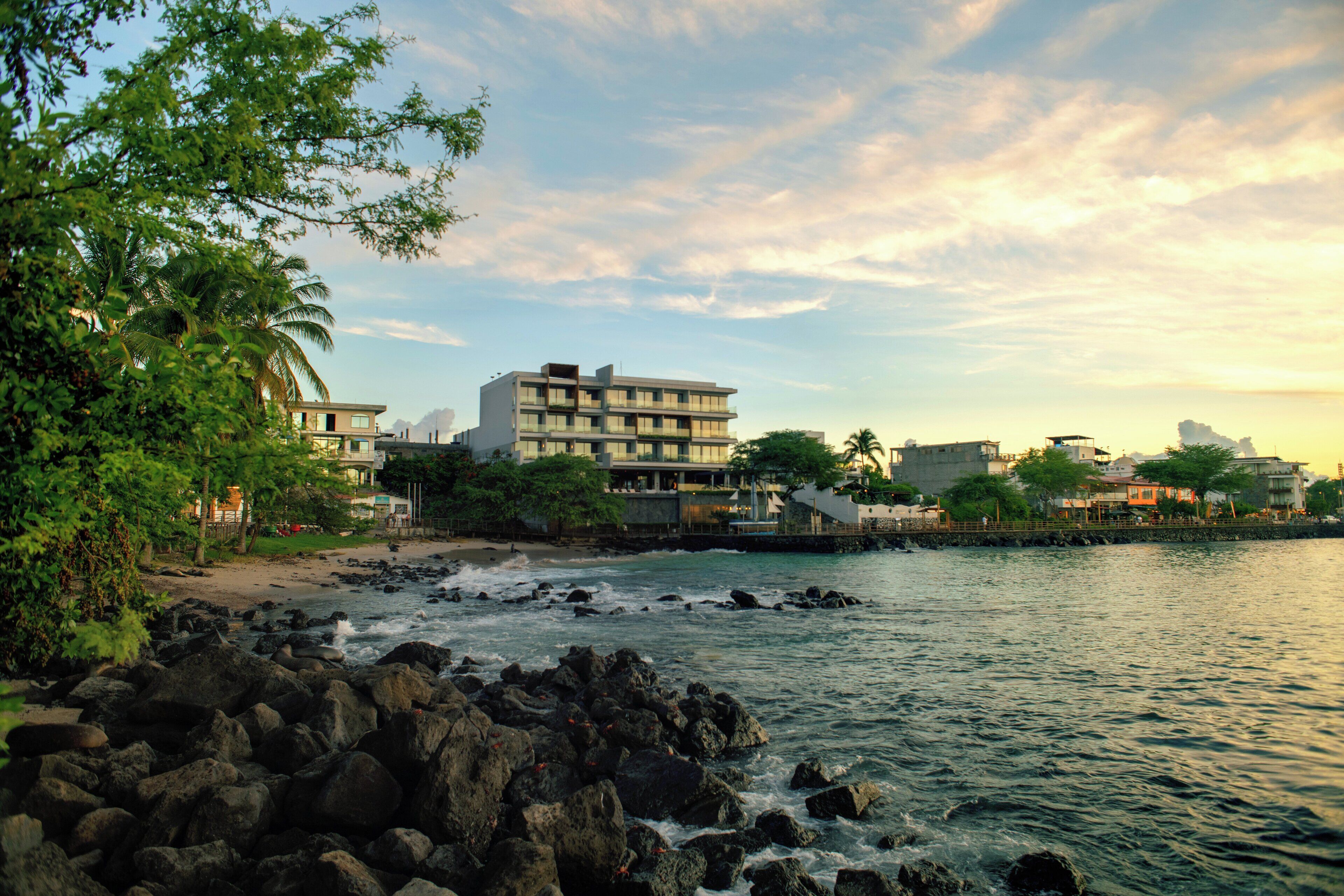 A coastal hotel with multiple floors, a beach in the background, and a rocky shoreline.