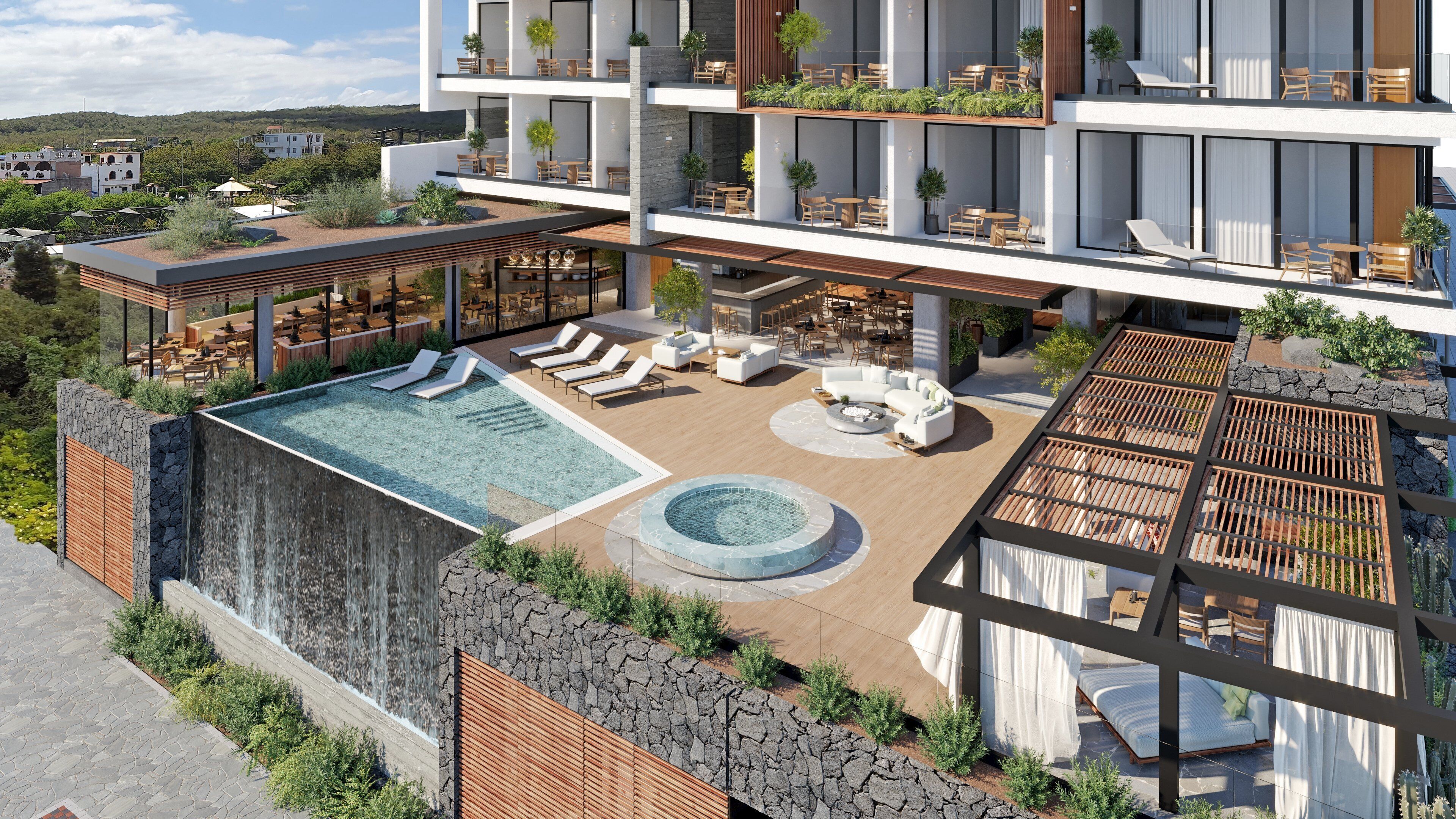 A modern hotel with a rooftop pool, outdoor seating areas, and multiple balconies with plants.