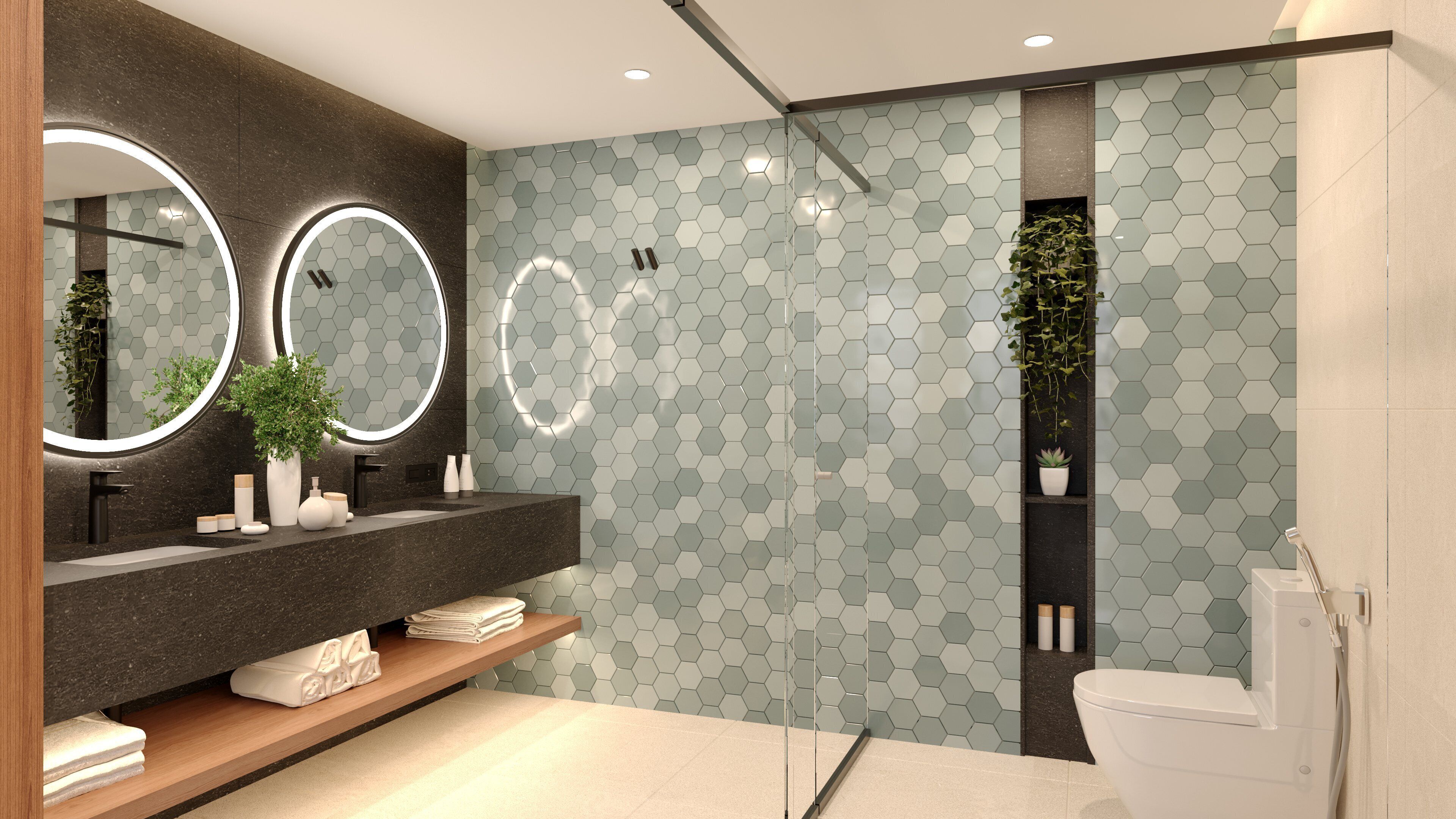 A modern bathroom with a dark marble vanity, two round mirrors, a hexagonal tile backsplash, a wooden shelf with towels, and a toilet.