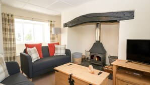 A living room with a sofa, a wooden coffee table, a television, and a stone fireplace. - 2 Court Farm (Wareham)