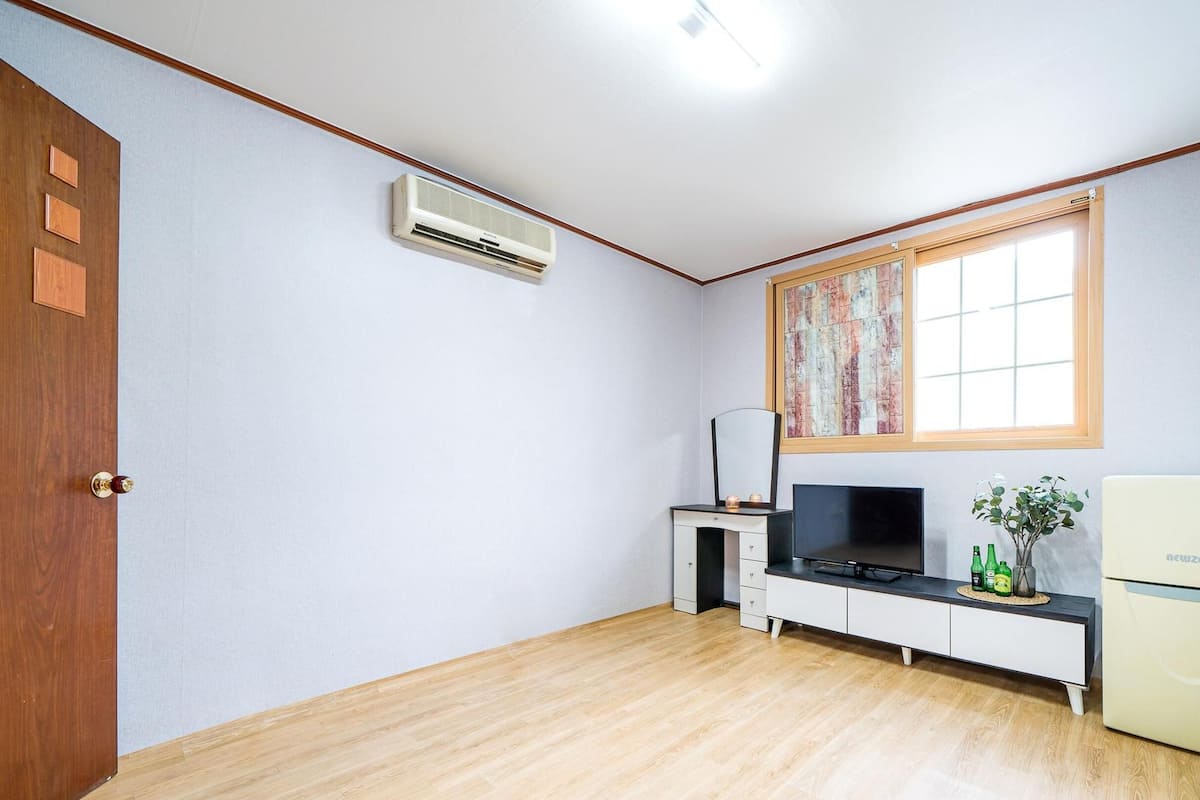 A room with a wooden door, a white air conditioner, a TV on a stand, a small plant, and a refrigerator.