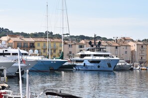 A marina with several yachts docked, surrounded by buildings with traditional architecture.