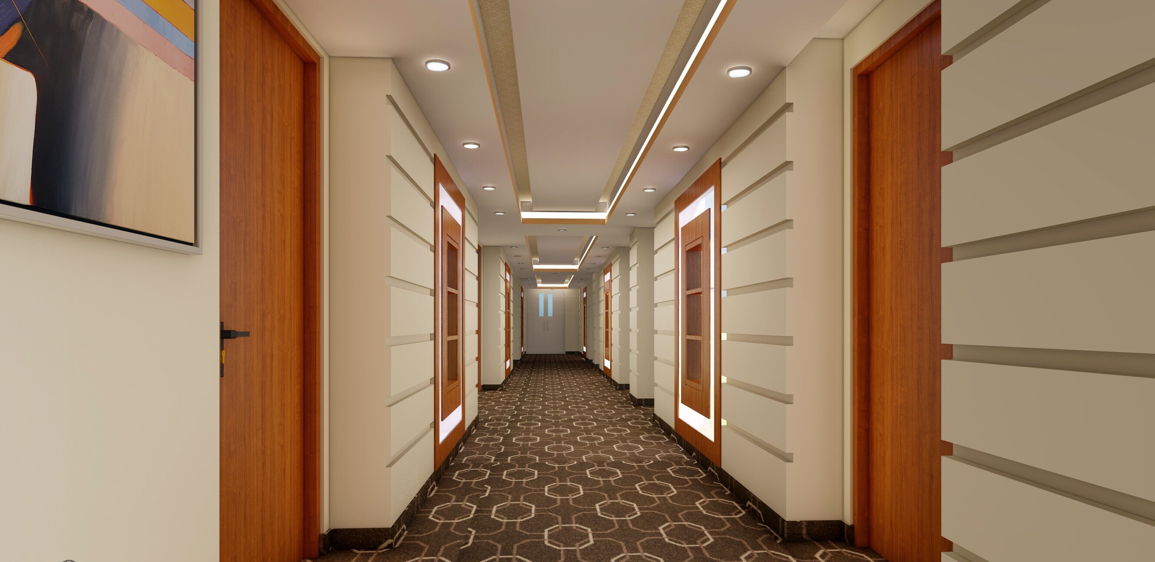 A hotel hallway with a patterned carpet, wooden doors, and recessed lighting.