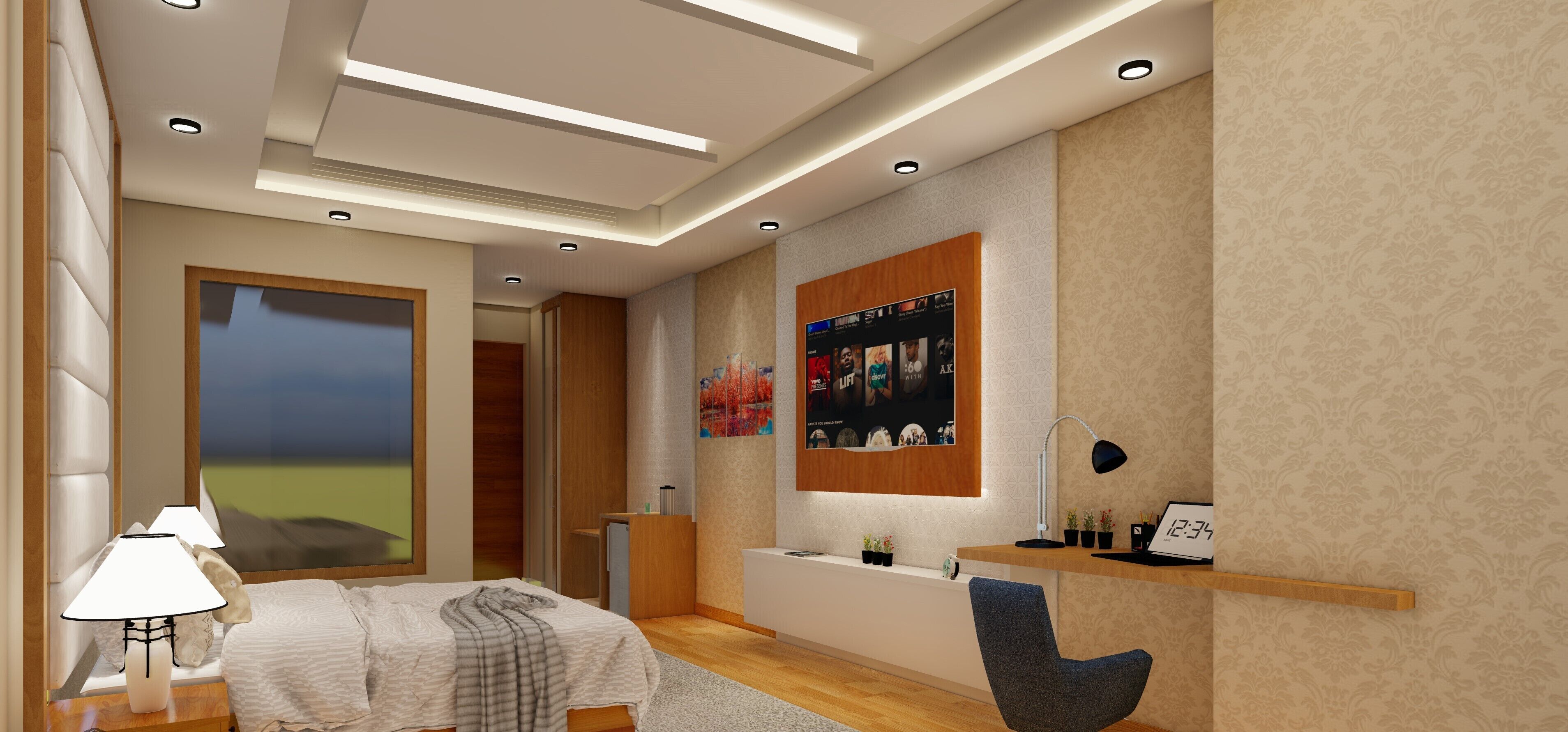 A modern bedroom with a bed, desk, chair, and a large window.