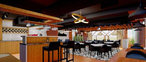 Un restaurante moderno con mostradores de bar de madera, taburetes negros y luminarias colgantes.