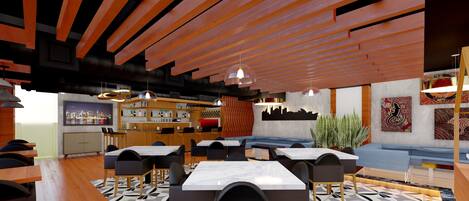 A modern restaurant with wooden ceiling beams, a bar area, seating arrangements, and a cityscape view.