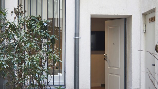 A narrow hallway with a door at the end, a potted plant, and a window with metal bars. - Apartamento Bajo Interior 2 Dorm, 3 Camas (Madrid)