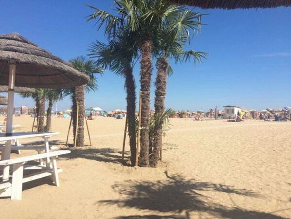 A beach with palm trees, a thatched-roof structure, and beach umbrellas.