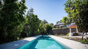 Ein rechteckiger Pool mit Holzterrasse, umgeben von üppiger Bepflanzung und einer Steinmauer.