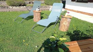Zwei blaue Gartenstühle auf einer grünen Wiese mit einem Holztisch und einem Blumentopf.
