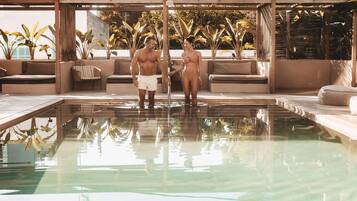 Indoor pool, outdoor pool, pool loungers