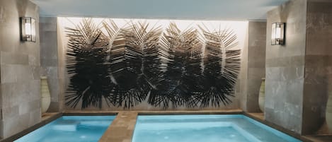 A spa area with two rectangular pools, a wall with a leaf pattern, and two wall-mounted lights.