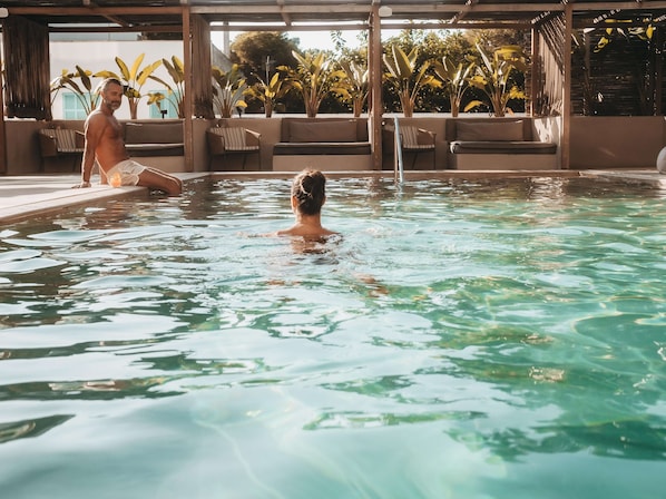 Indoor pool, outdoor pool, pool loungers