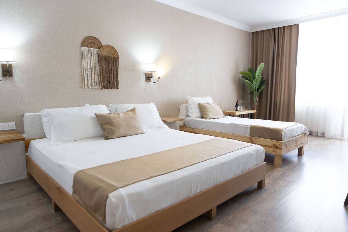 A hotel room with two wooden beds, beige walls, a wall-mounted light fixture, and a potted plant.
