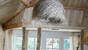 Un dormitorio acogedor con una cama grande, vigas de madera, una lámpara colgante y vistas al verde exterior.