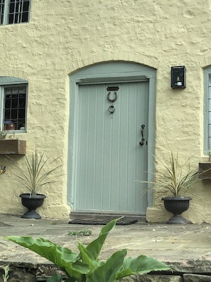 A building with a light blue door, potted plants on either side, and a small mailbox on the wall.